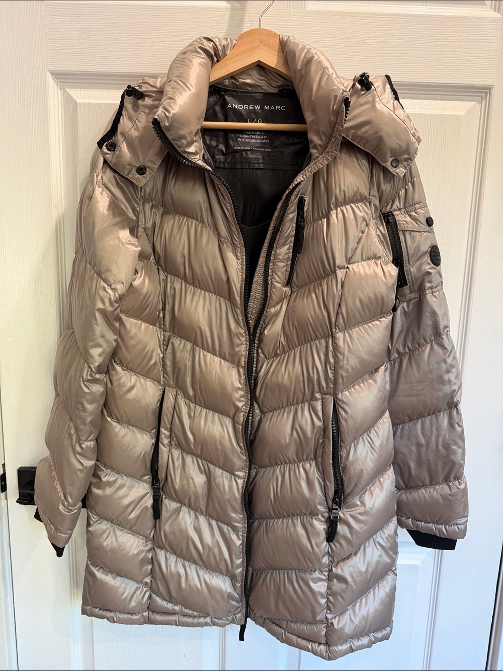 Andrew Marc Shimmery Taupe Chevron Quilted Long Puffer Coat - Picture 2 of 3